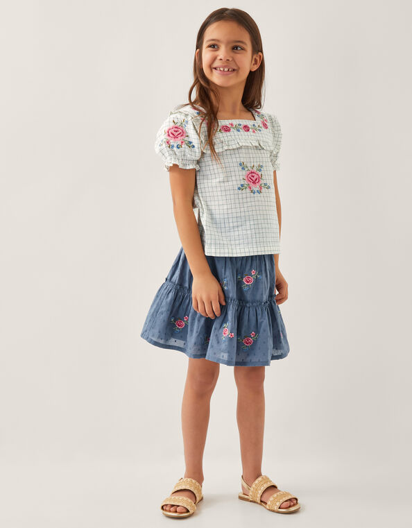 Floral Embroidered Rara Skirt, Blue (BLUE), large