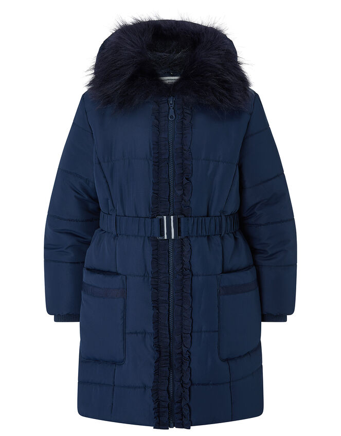 Ruffle Belted Padded Coat with Recycled Fabric, Blue (NAVY), large
