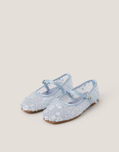 Flower Sparkle Mesh Ballet Flats, Blue (BLUE), large