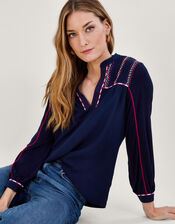 Embroidered Tape Sleeve Jersey Top, Blue (NAVY), large