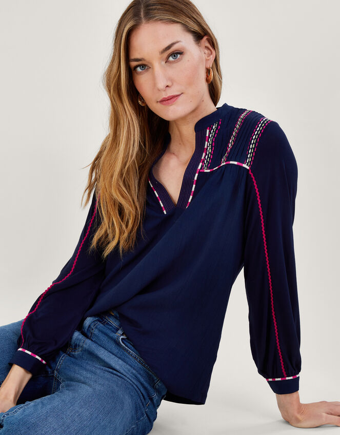 Embroidered Tape Sleeve Jersey Top, Blue (NAVY), large