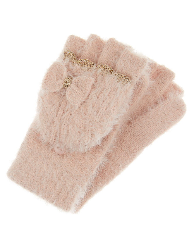 Poppy Bow Fluffy Knit Capped Gloves, Pink (PINK), large