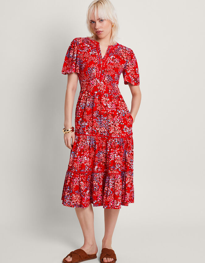 Micola Print Tiered Dress, Red (RED), large