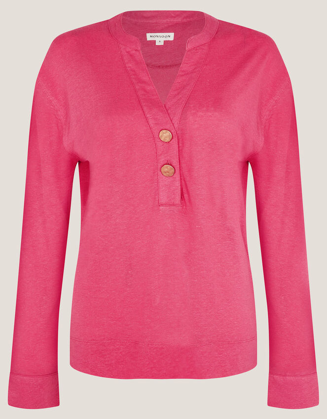 Asher Long Sleeve Linen-Blend Top, Pink (PINK), large