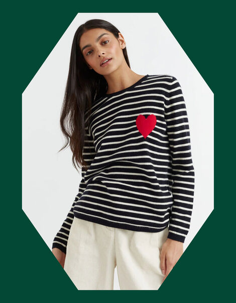 Chinti & Parker Heart Stripe Wool Jumper, Blue (NAVY), large