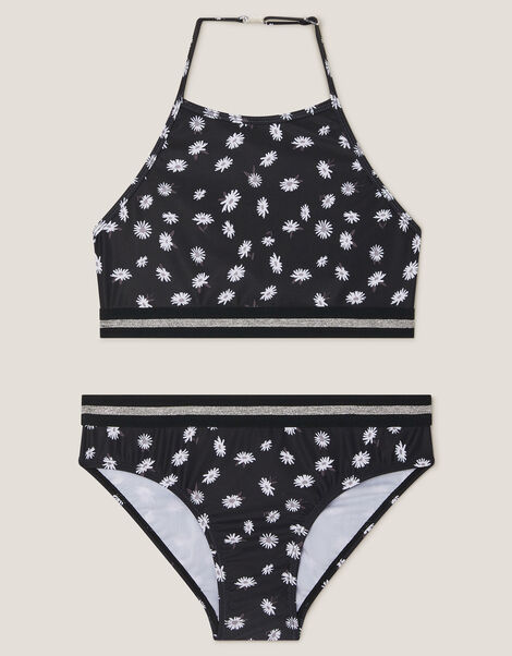 Daisy Print Halter Bikini Set, Black (BLACK), large