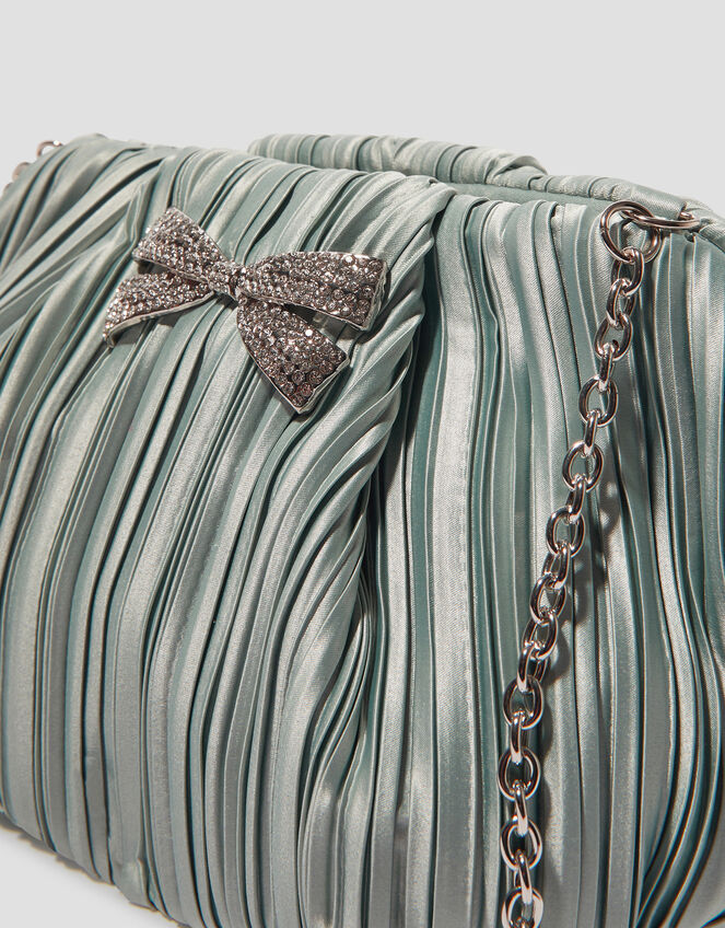 Pen Plisse Satin Clutch Bag, Green (SAGE), large