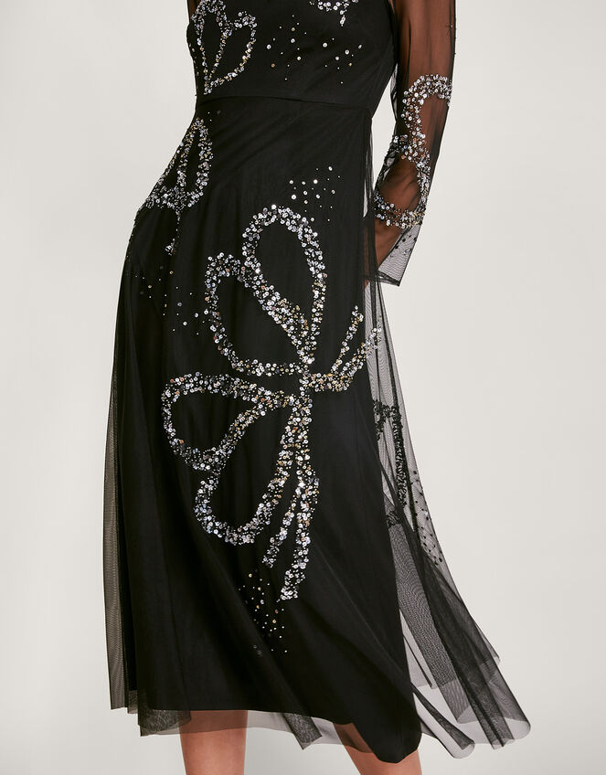 Sophie Sheer Sequin Bow Midi Dress, Black (BLACK), large