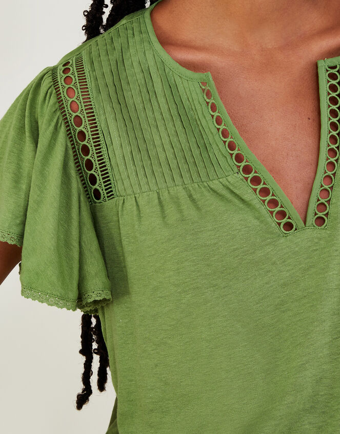 V-Neck Woven Top in Linen Blend, Green (GREEN), large