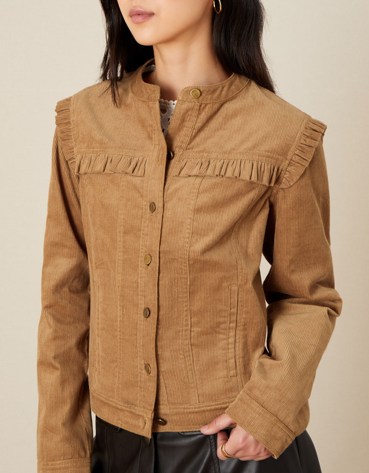 Frill Bib Cord Jacket Camel Women s Jackets Monsoon Global