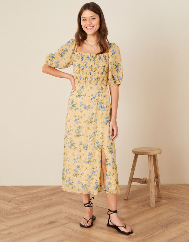 Yvonne Floral Shirred Midi Dress, Yellow (YELLOW), large