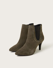 Oriana Suede Stud Heeled Boots, Green (OLIVE), large