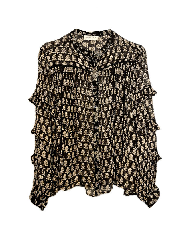 Maison Hotel Floral Ruffle Blouse, Black (BLACK), large