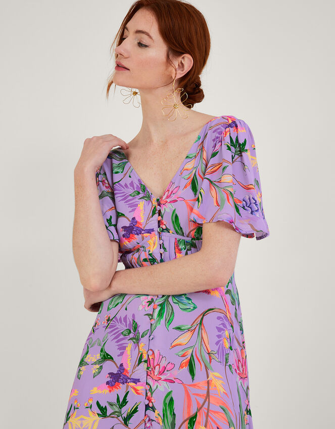 Calypso Print Midi Dress in Sustainable Viscose, Purple (LILAC), large