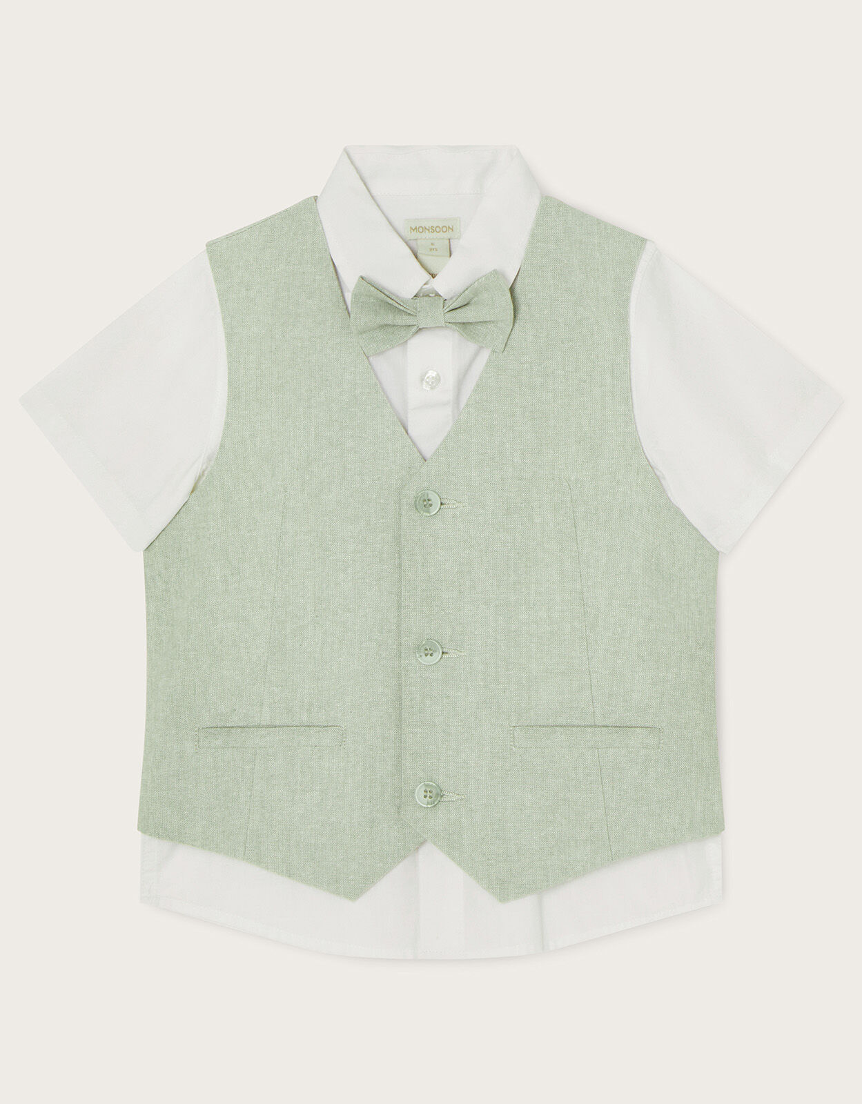 Three Piece Waistcoat Bow Tie and Short Sleeve Shirt Set Green
