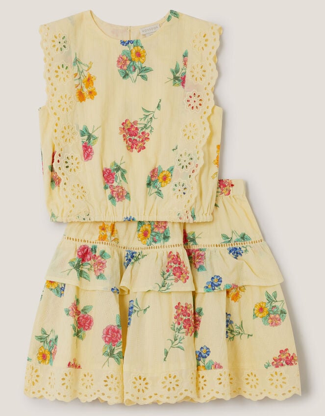 Sasha Broderie Floral Top & Skirt Set, Yellow (YELLOW), large