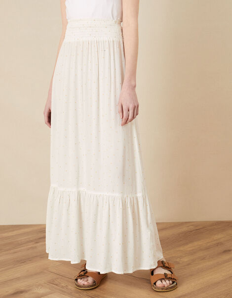 Tiered Foil Print Maxi Skirt White, White (WHITE), large