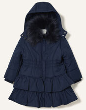 Shirred Ruffle Padded Coat, Blue (NAVY), large