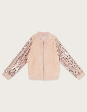 Sequin Sleeve Faux Fur Bomber Jacket, Gold (GOLD), large