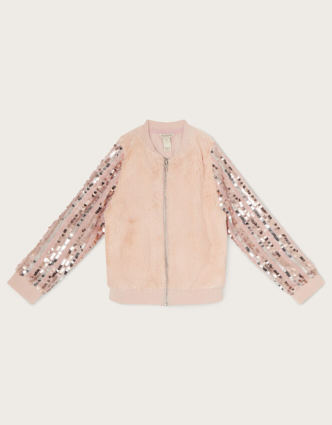 Sequin Sleeve Faux Fur Bomber Jacket, Gold (GOLD), large