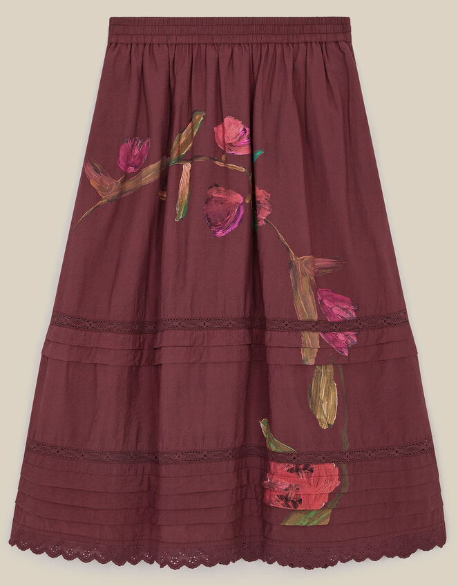 East Freddie Hand-Painted Floral Print Midi Skirt , Red (BURGUNDY), large