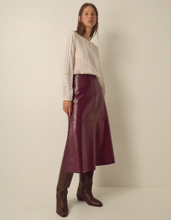 Pippa Faux Leather Midi Skirt, Red (BURGUNDY), large