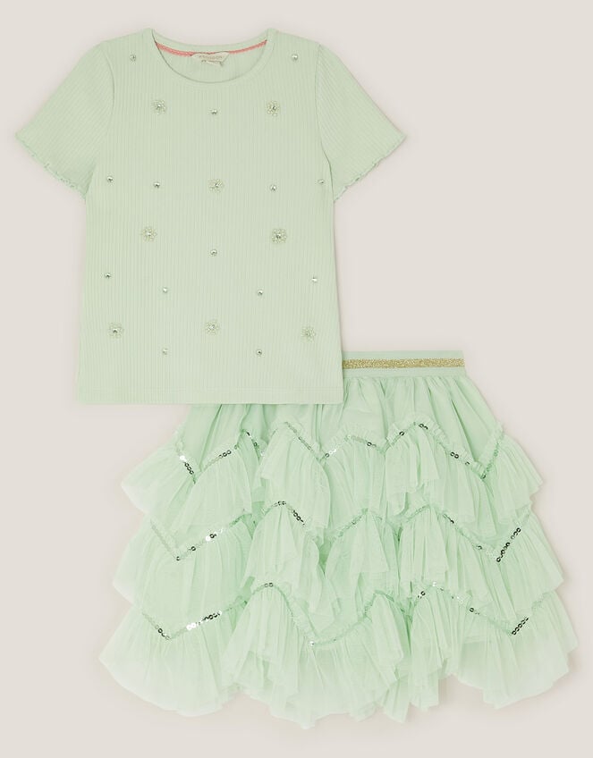 Embellished T-Shirt & Ruffle Skirt Set, Green (GREEN), large