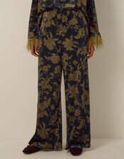 Princella High Waisted Floral Velvet Wide Leg Trousers, Blue (NAVY), large