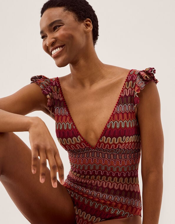 Zaria Plunge Crochet Ruffle Swimsuit, Red (BURGUNDY), large