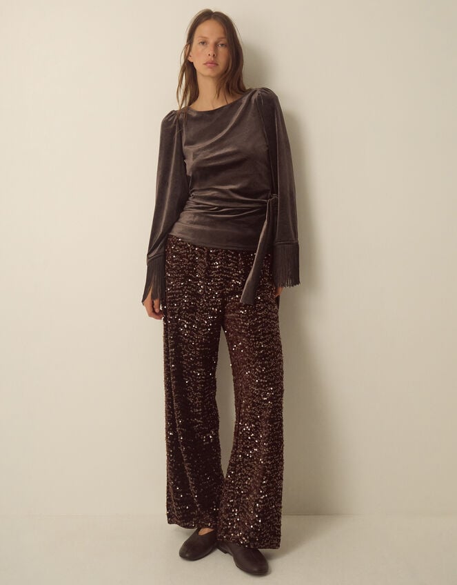 Tamara Tie Side Fringe Velvet Top, Brown (CHOCOLATE), large
