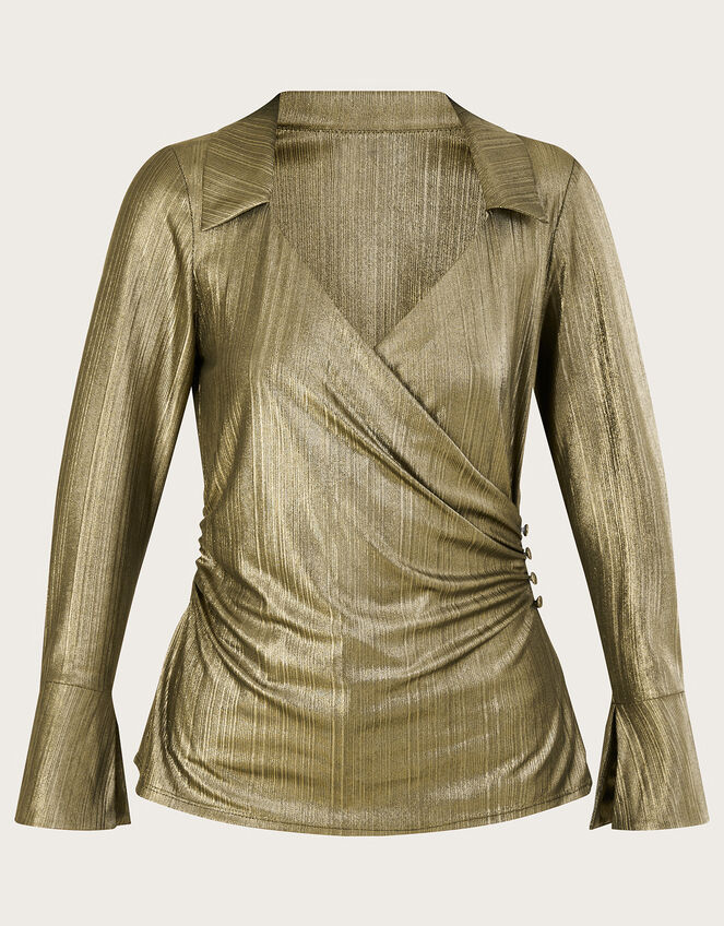 Angela Foil Wrap Blouse, Gold (GOLD), large