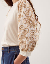 Freya Embroidered Sleeve Top, Ivory (IVORY), large