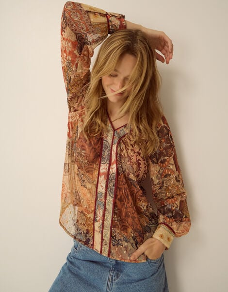 Evelina Sheer Floral Print Top, Brown (BROWN), large