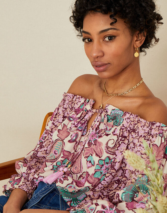 Floral Border Print Bardot Top in LENZING™ ECOVERO™ , Ivory (IVORY), large
