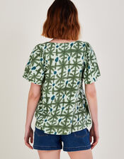 Ikat Crochet Trim Jersey Top in Organic Cotton, Green (GREEN), large