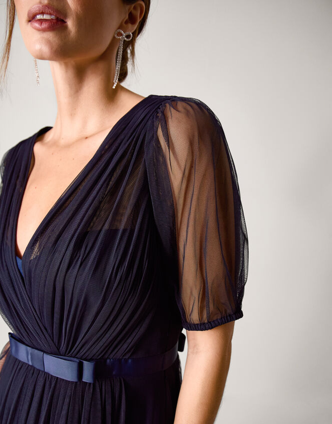 Ellie Sheer Sleeve Plunge Tulle Maxi Dress, Blue (NAVY), large