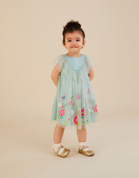 Baby Ruffle Front Embroidered Mesh Dress, Green (GREEN), large