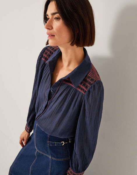 Felicity Embroidered Cotton Shirt, Blue (NAVY), large