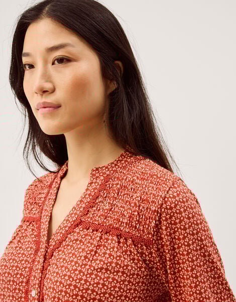 Palmer Print Smocked Jersey Top, Red (RED), large