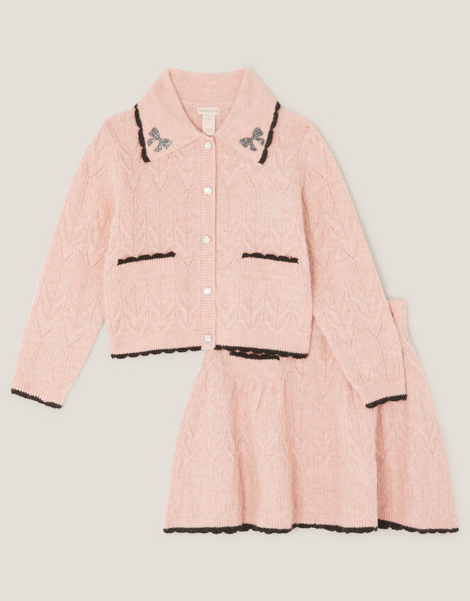 Bow Collar Cardigan & Knit Skirt Set, Pink (PINK), large