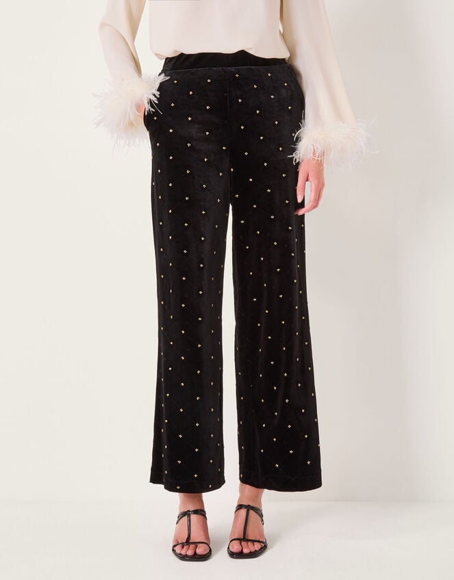 Emma Embellished Velvet Wide Leg Trousers, Black (BLACK), large