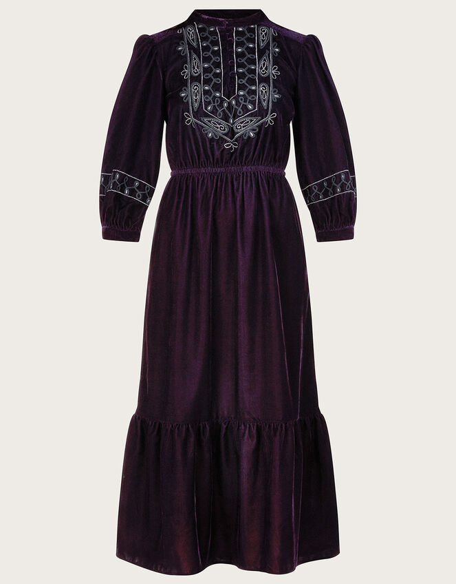 Emily Embroidered Military Velvet Midi Dress, Purple (PLUM), large