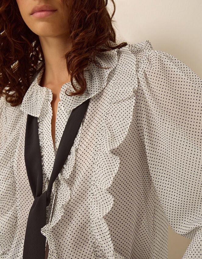 Erica Polka Dot Ruffle Blouse, White (WHITE), large