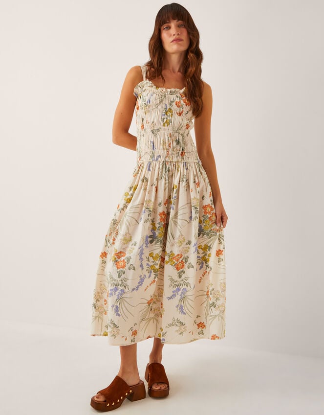 Jesse Floral Shirred Midi Dress, Ivory (IVORY), large