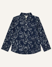 Christmas Dinosaur Print Shirt, Blue (NAVY), large