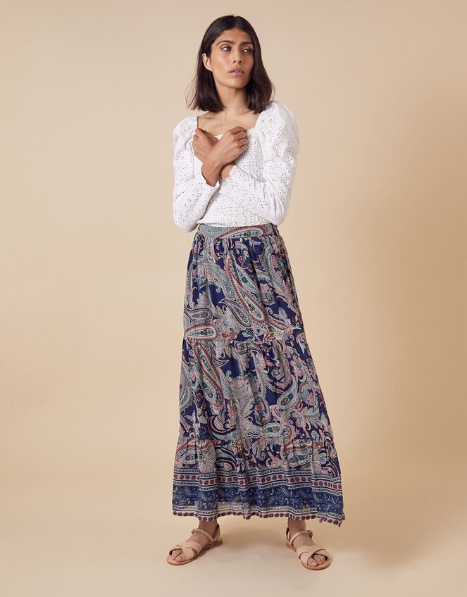Paisley Print Tiered Midi Skirt, Blue (BLUE), large