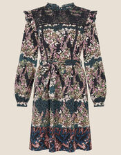 Embroidered Chest Printed Dress, Black (BLACK), large