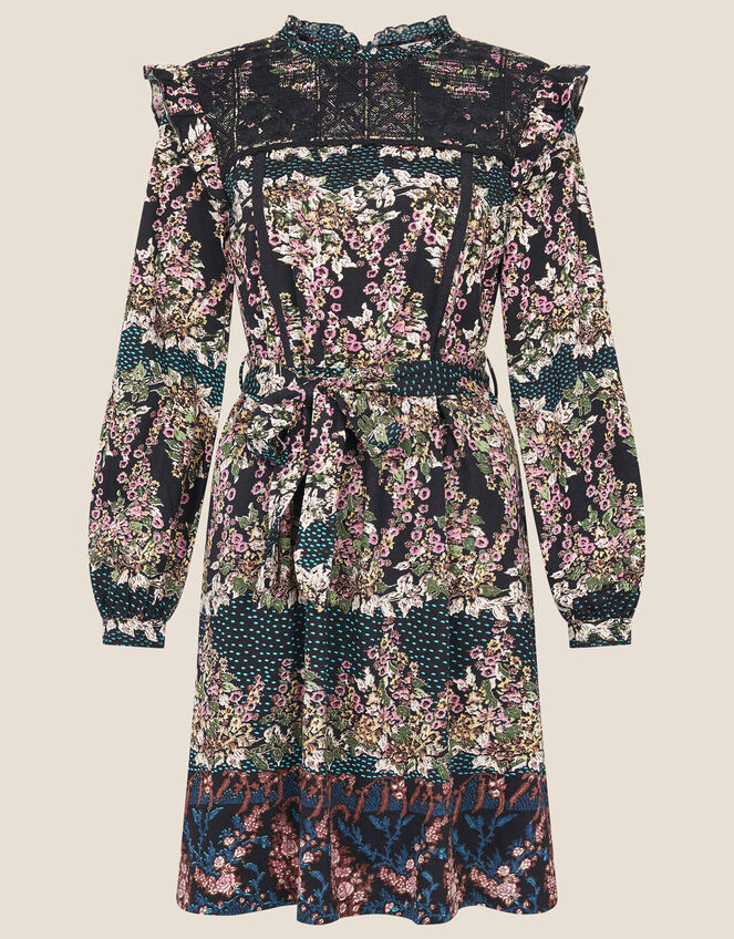 Embroidered Chest Printed Dress, Black (BLACK), large