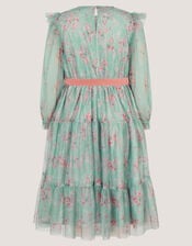 Ditsy Floral Print Belted Dress, Green (GREEN), large