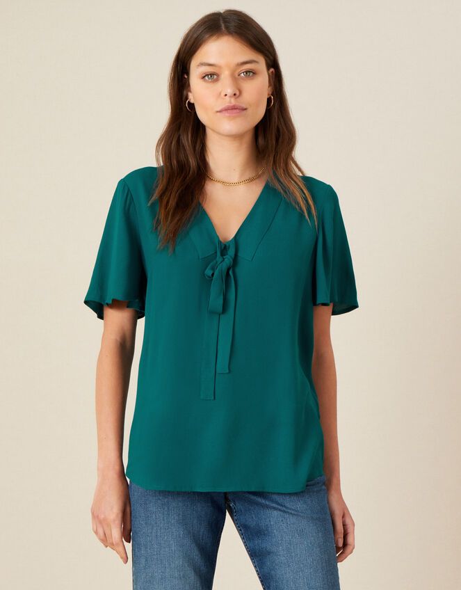 Tie Front Frill Sleeve Top, Green (GREEN), large